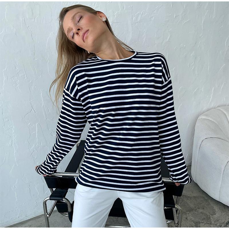 2025 Spring Autumn Long Sleeve Striped T-Shirts Women Basic Casual Tops Female Cozy Loose Cotton Tees T-Shirt New