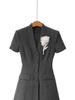 Spring 26 Grey Mixed Color Cinched Waist Dress with Brooch Decoration