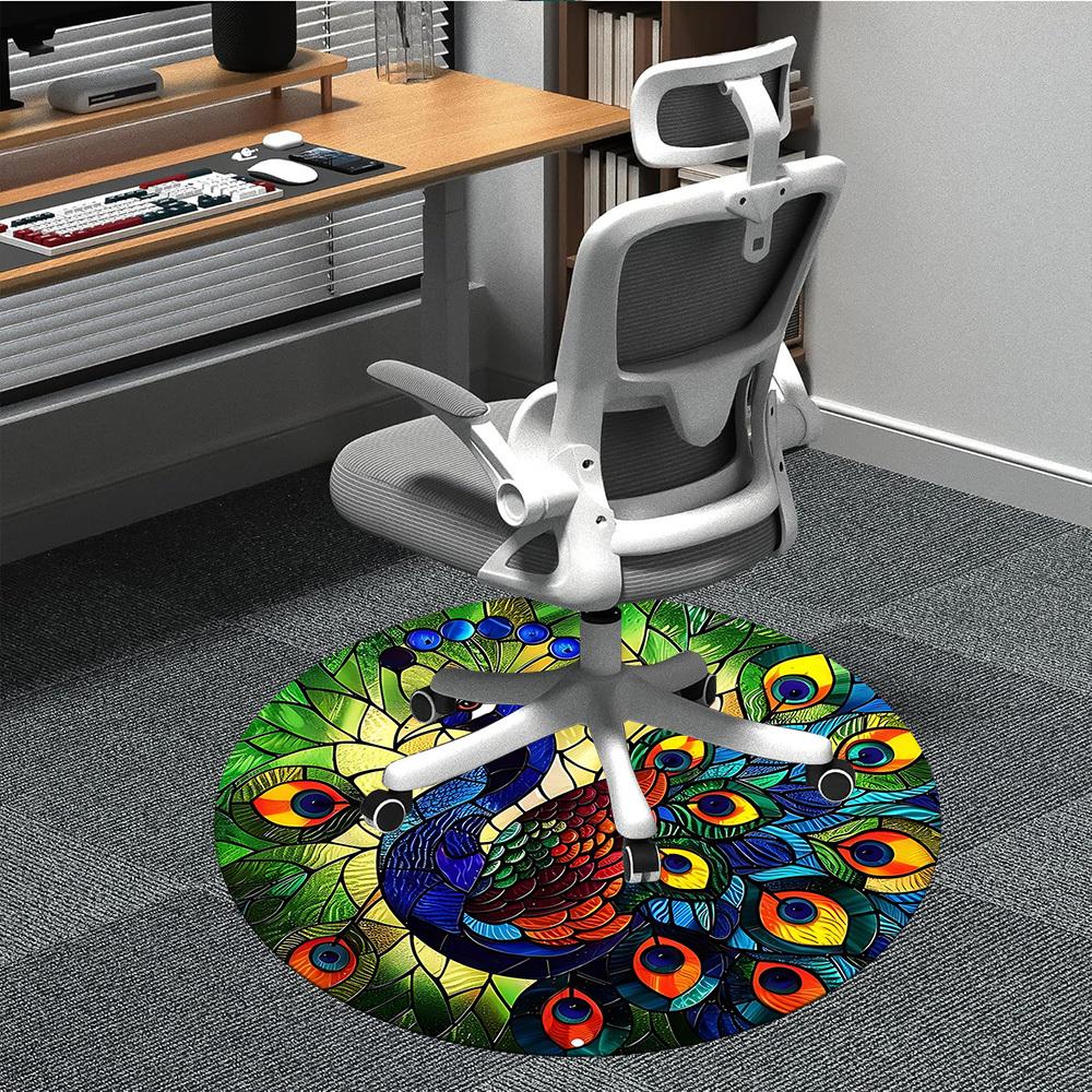 1 Stück Pfauen-Buntglas-Büro-Runder Teppich, Unter Bürostühlen Schlafzimmer Wohnzimmer Heimdekoration, Raumdeko