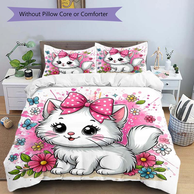 

3pcs Kitten with a Bow Quilt Cover Set - Soft and Cozy Bedroom, Guest Room and Dorm Decorative Bedding 3-Piece Set 1 Quilt Cover + 2 Pillow Shams 135x200cm