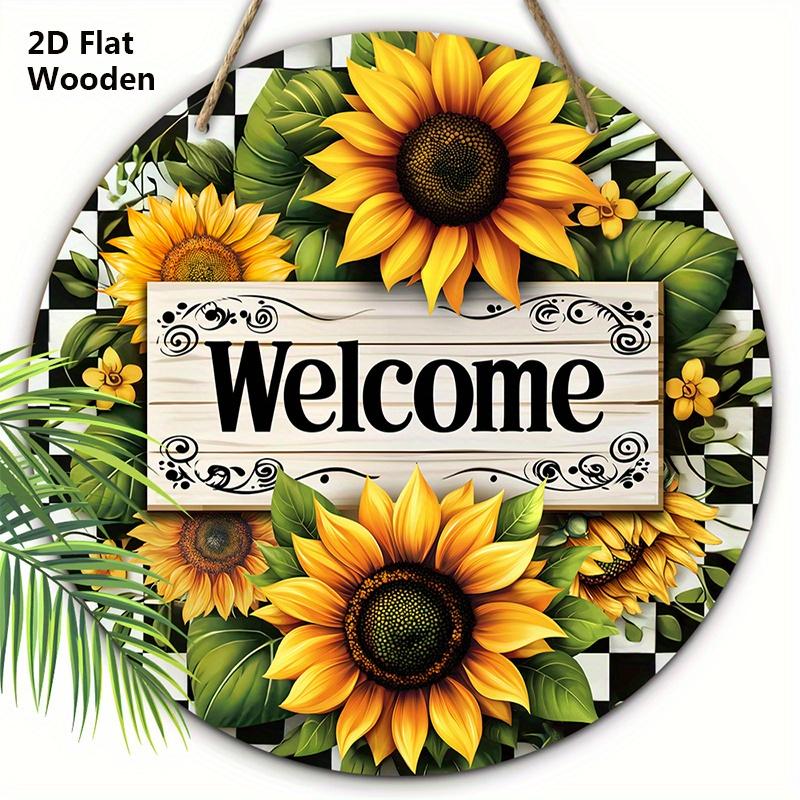 

Очаровательная деревянная приветственная табличка с узором подсолнуха - Рустикальный настенный декор с клетчатым фоном, Яркий цветочный дизайн для декора входной двери 20cm/7.87in жёлтый