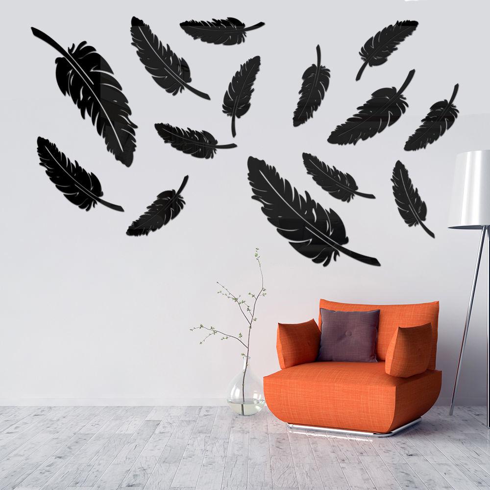 

Акриловая зеркальная поверхность настенные наклейки листья декоративный фон для гостиной простой современный домашний декор самоклеящиеся съемные 14pcs leaves чёрный