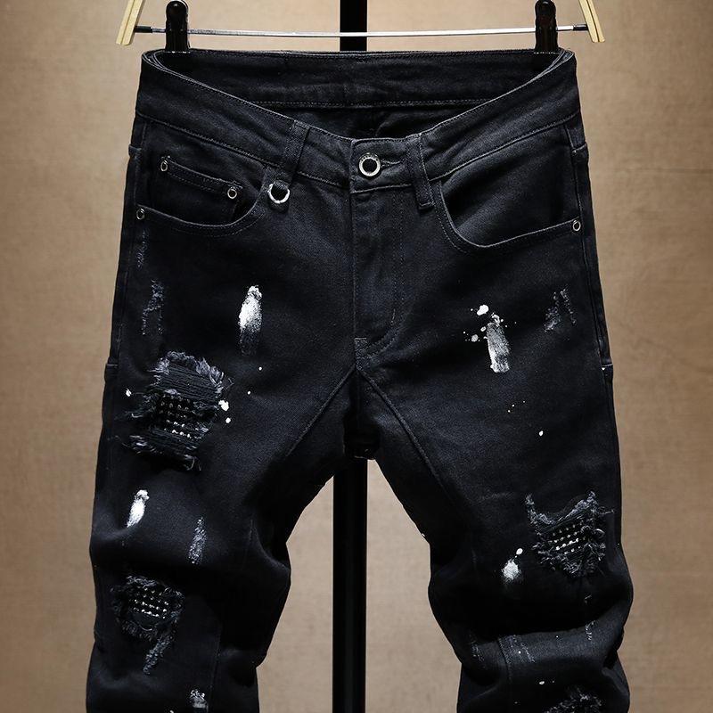 Modisch Trendige Slim Denim Jeans Herren Used Risse Löcher Patches Frühling Herbst Lässiges Design Koreanische Luxus Kleidung Hosen