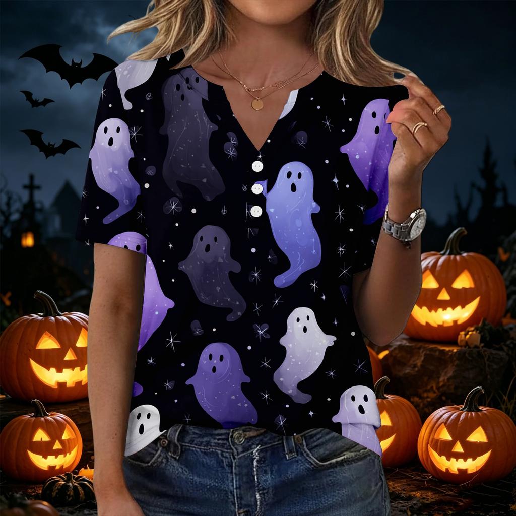Women Casual V Neck Short Sleeve Button T Shirt Halloween Print Top Lightweight Comfortable Fit