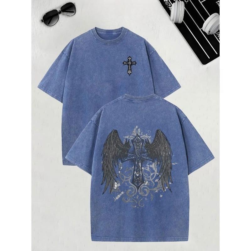

Street Retro Style Front and Back Pattern Printed Men s Fashionable T-shirt, High-quality Heavyweight Washed T-shirt, Retro Distressed Men s 5XL