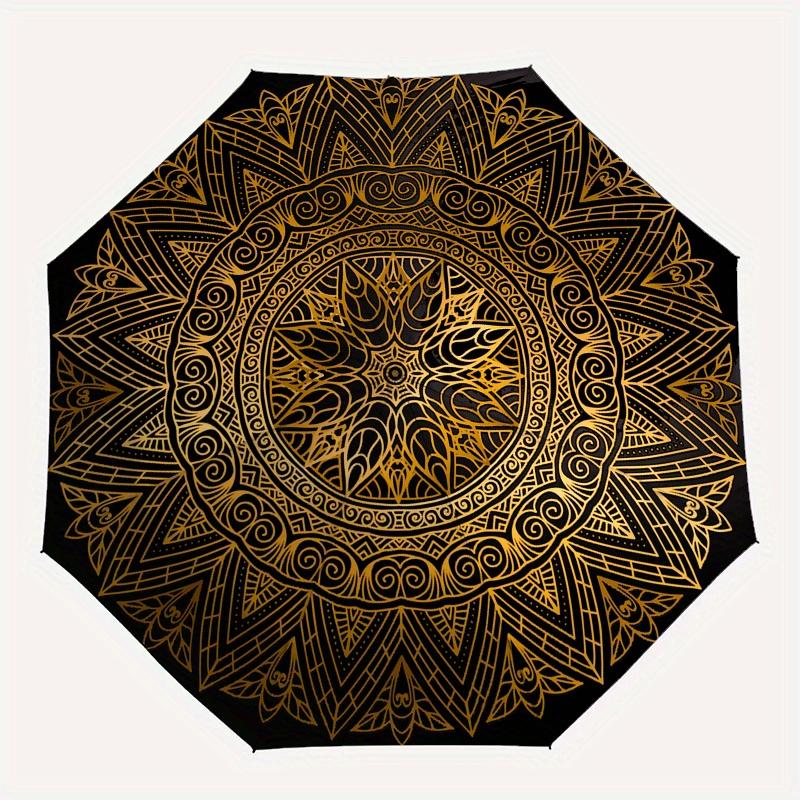 Golden Mandala Pattern Circular  Umbrella, Portable 3 Fold Compact Umbrella for Men & Women,S185