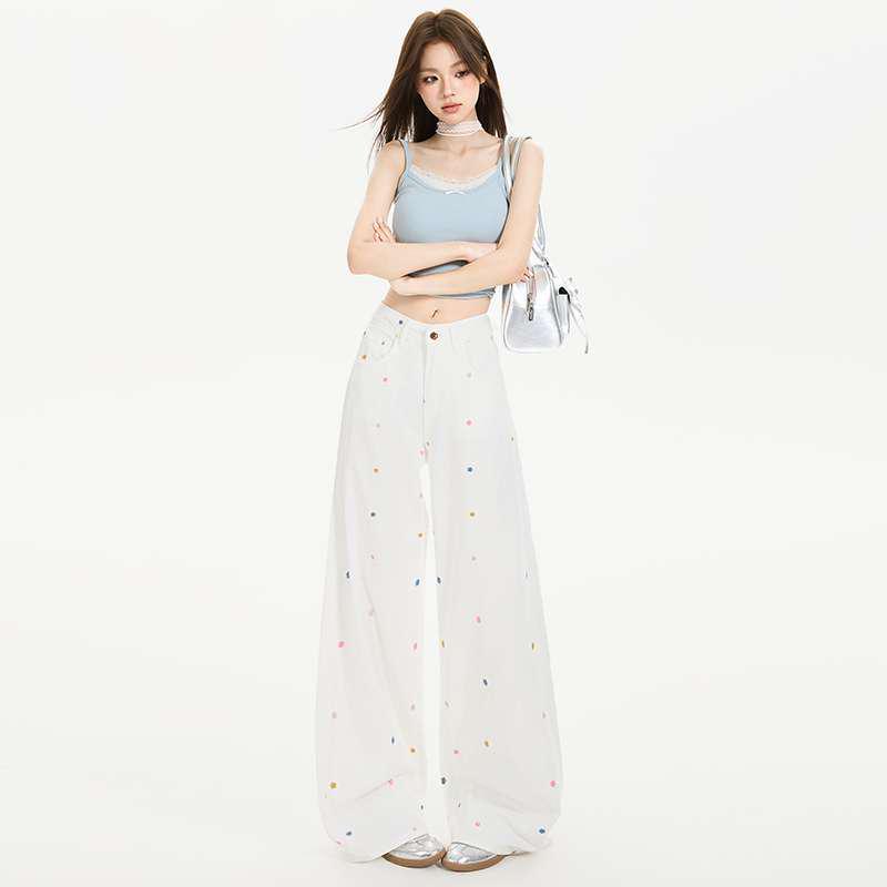 

2026 Women s Versatile Embroidered Wide-Leg Jeans - Plus Size & Petite, Slimming, Straight, Floor-Length 2XL білий