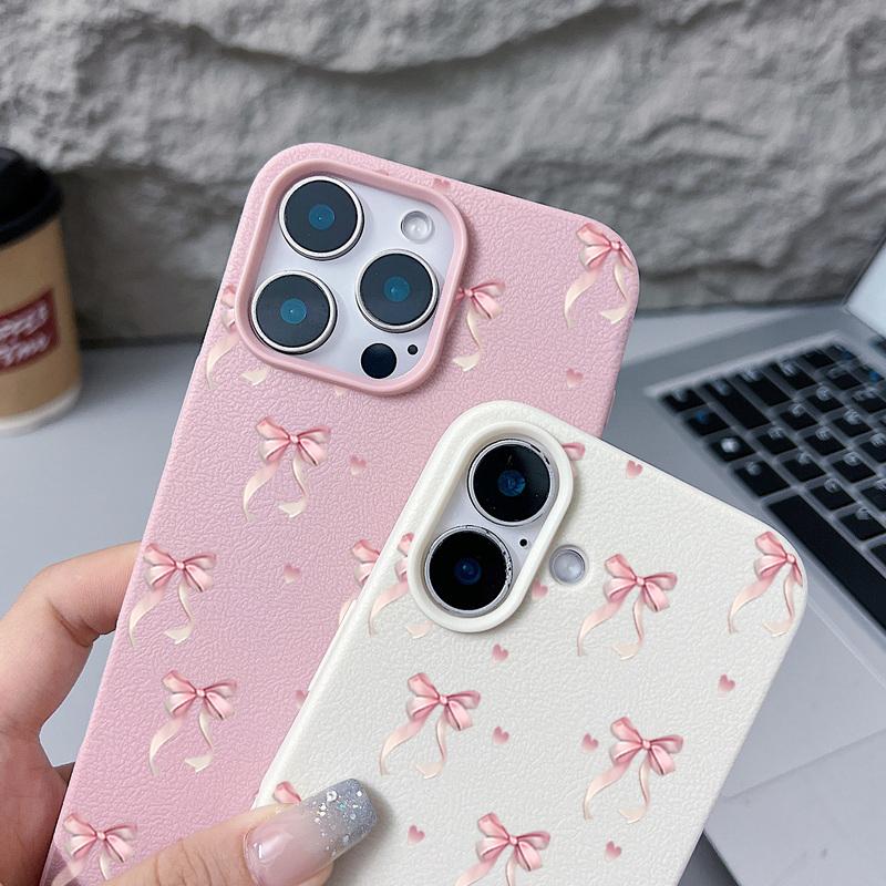 Pink Bow Pattern Leather Texture TPU Case For iPhone 16E 16 15 14 13 Pro Max 12 15 Pro 11 Shockproof Soft Silicone Phone Cover