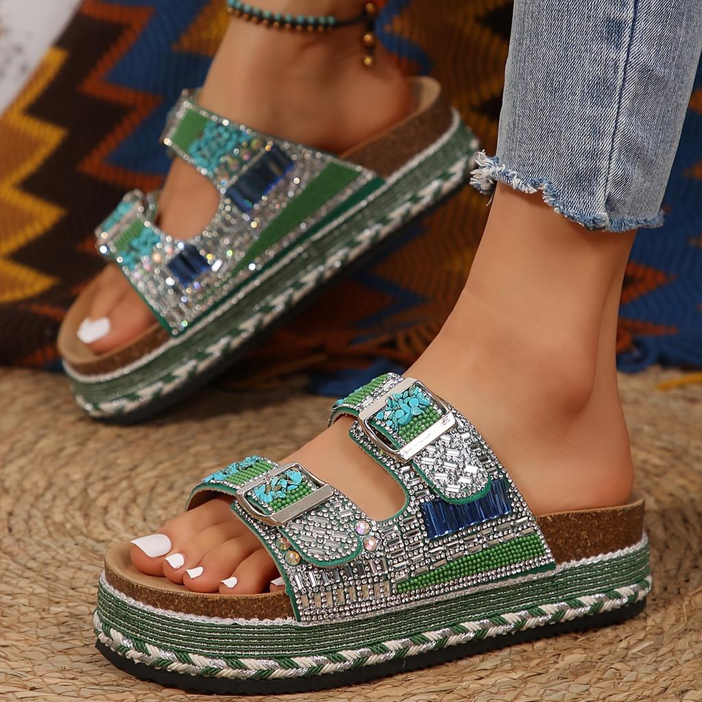Heel Rhinestone Glitter Sandals - Slip-On, Double Buckle Sparkling Party Slides with PP Insole and MD Sole for Elegant Occasions