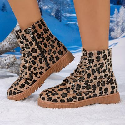 Жіночі леопардові ботильйони на платформі на щиколотці із застібкою-блискавкою - круглий носок, низький каблук, верх із штучної замші, текстильна підкладка, підошва з TPR для комфорту в будь-який сезон
