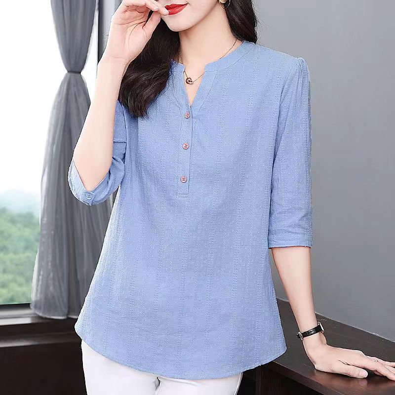 Spring Summer Women's Oversized Pure Cotton Loose Shirt Ladies 3/4 Sleeve Casual Solid Pullover Tops Women Simple Blouse