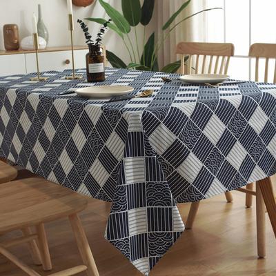 Tovaglia Cotone e Lino Stile Giapponese Retro Motivo Ondulato Blu Griglia Geometrica Stampata Ciondolo Caffè Tappetino Tavolino da Tè