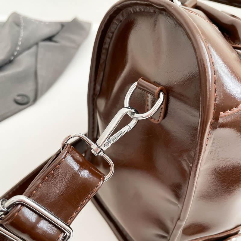 Glossy Faux Leather Duffel Bag Women's Fashion Shoulder Tote with Front Zip Pocket and Adjustable Strap