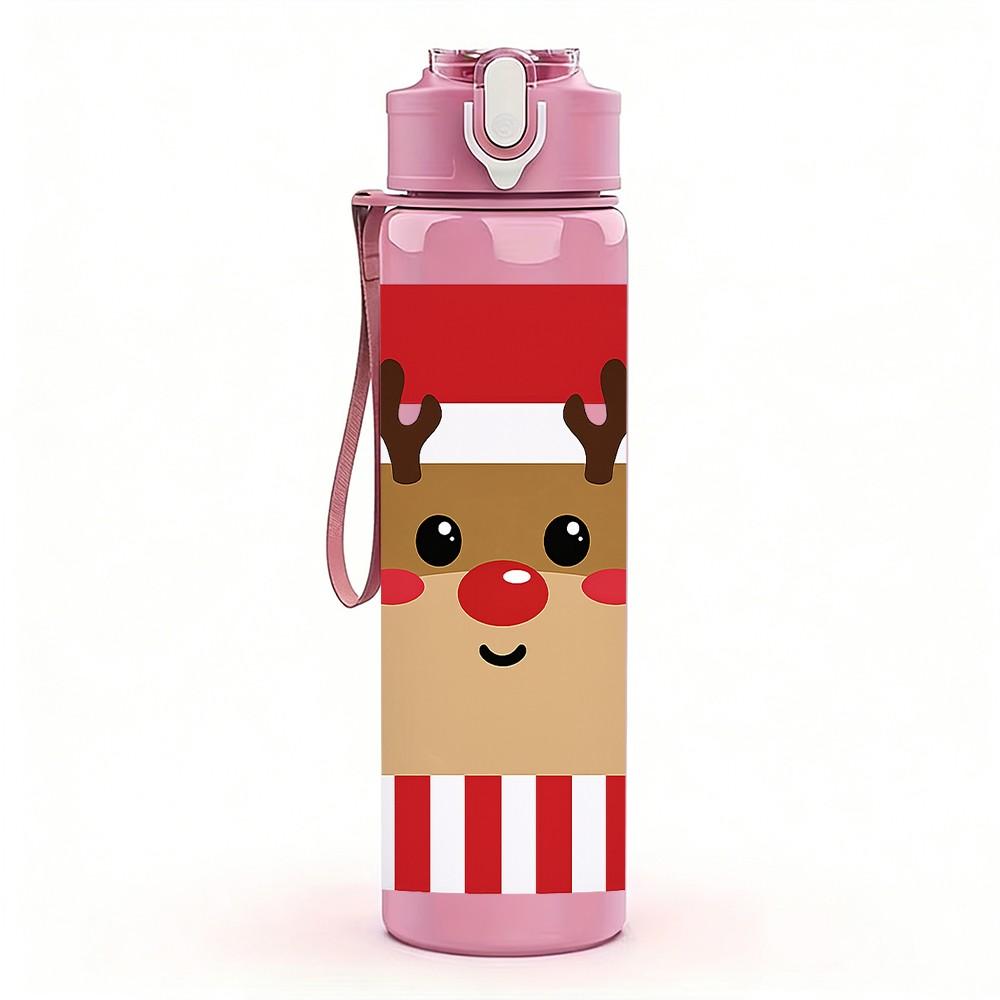 1PC Reindeer Christmas Coffee Cup Print 750ml Color Plastic Sports Water Bottle Leakproof Flip Straw Lid Suitable for Sports Office Home Use