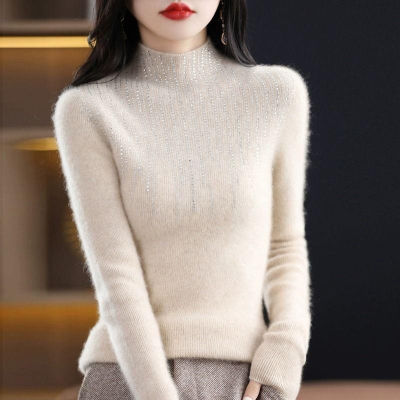 Autumn and Winter Turtleneck Crystal Sweater Women All Match Long Sleeve Knitwear Woman Solid Knitted Pullover Ladies