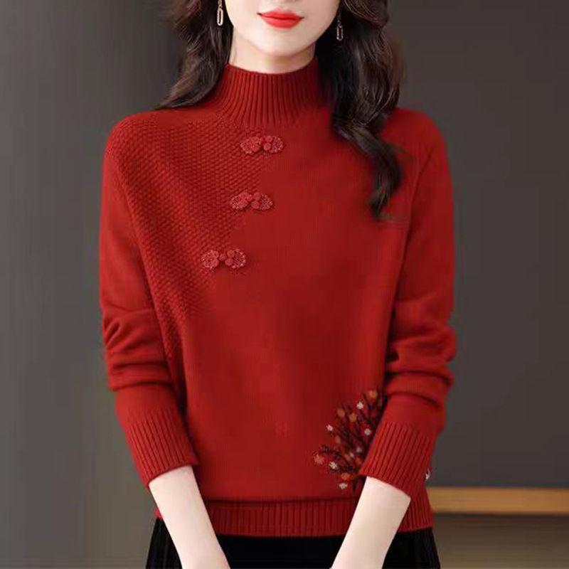 

Жаккардовый свитер с полуворотом, женская внутренняя блузка в китайском стиле в стиле ретро, осенне-зимняя трикотажная нижняя рубашка в стиле вестерн L вино красного