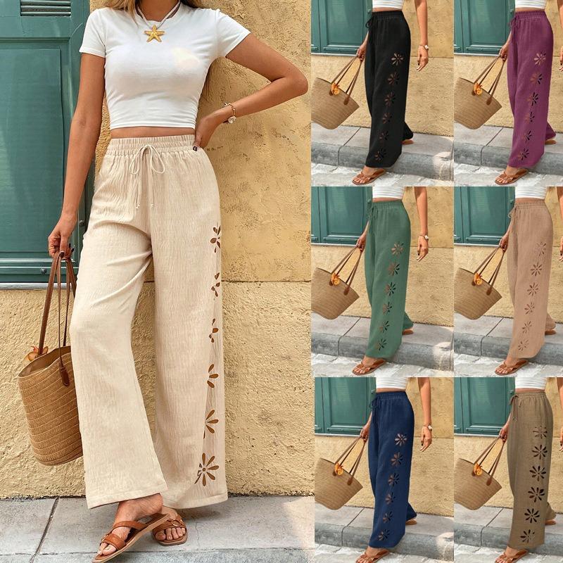 Bohemian Side Hollow Out Embroidery Elastic Waist Loose Wide Leg Long Pants