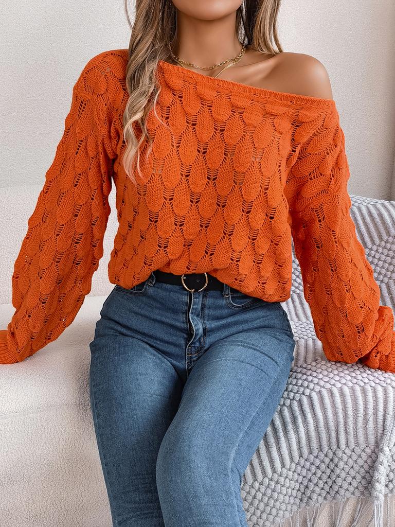 Herbst Winter Lässig Hohl Ein-Schulter Laternenärmel Strickpullover Damenbekleidung