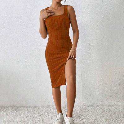 Summer Women Dress Square Neck Sleeveless Skinny Elastic Side Split Sheath Thread Solid Color OL Commute Breathable Club Party Midi Dress