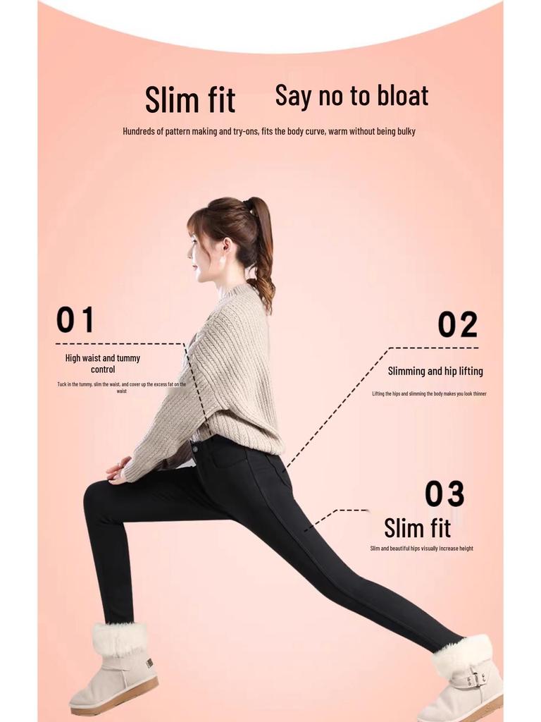 Damen Winter Fleecegefütterte Schwarze Leggings - Dicke Lammfleece Baumwolle, Slim Fit, Herbst/Winter 2025 Stil