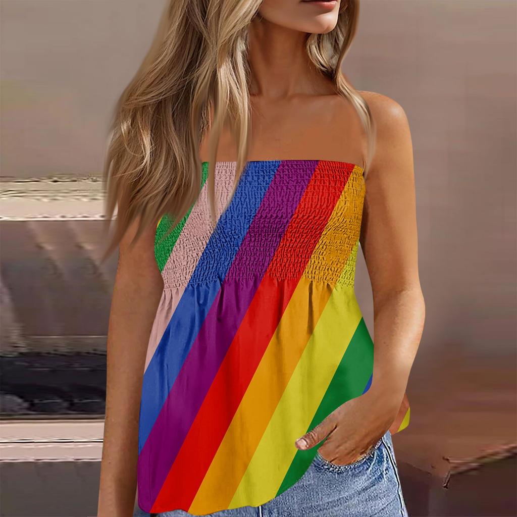 Damskie Topy Eleganckie Casualowe Bluzki Bez Rękawów Top Tube Dla Kobiet, Uroczy Seksowny T-shirt Bez Rękawów z Nadrukiem Odkrywający Ramiona