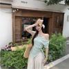 Korean Diagonal Collar Off-the-shoulder Irregular Short-sleeved T-shirt Women's Summer Design Niche Waist Strap Split Top