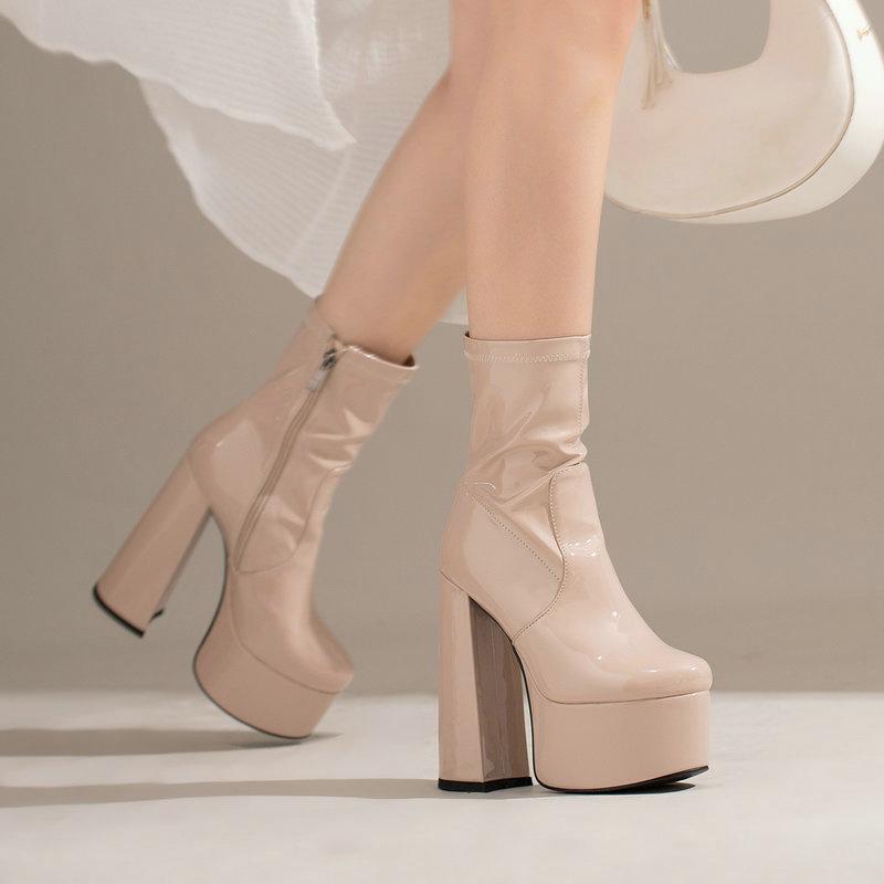 Women Ankle Boots Platform Square High Heel Ladies Short Boots