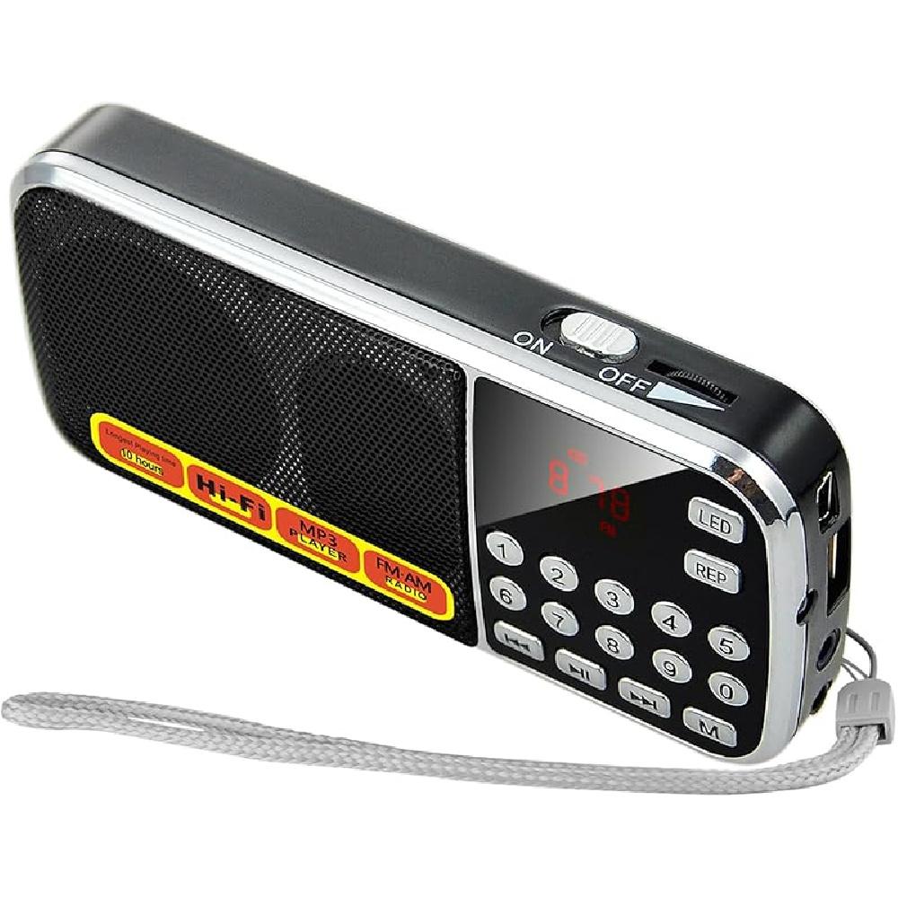 

Небольшое портативное радио AM FM, поддержка USB флэш-накопителей/карт памяти micro SD, воспроизведение MP3, цифровые кнопки, карманное радио с басовой мембраной и отличным приемом чёрный