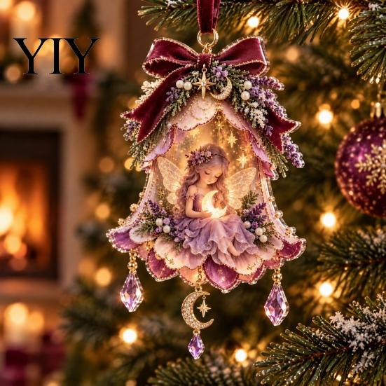 Stunning Fairy Tale Hanging Decor Bell Christmas Ornament, 2D Flat Flower Elegant Ornaments for Stores Decoration, Acrylic Xmas Tree Pendant