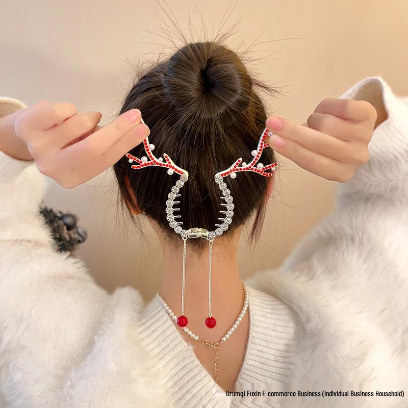 Elegant Christmas Reindeer Antler Hair Clip with Tassels - High Ponytail Styling Claw Clip