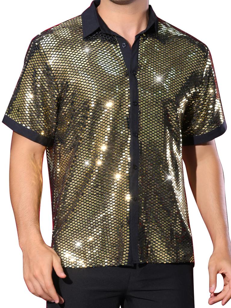Lars Amadeus Metallic Sequin Short Summer Shiny Top for Disco and Party Size L Men's Shirt, Sleeve, Button-Down Shirt, Wear, Golden,