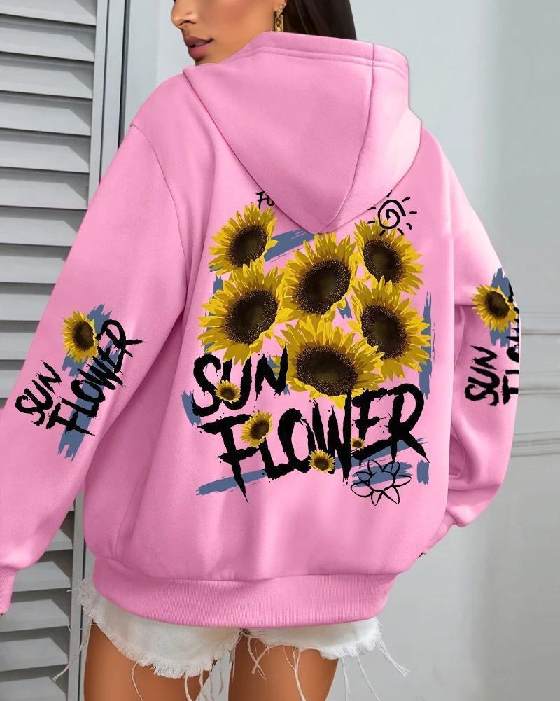 Damen Hoodie mit Sonnenblumen-Graffiti-Print, lockere Passform, mit Taschen