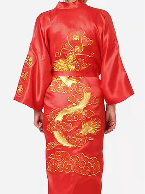 Men's Embroidered Silk Dragon Robe - Chinese Style Long Bathrobe