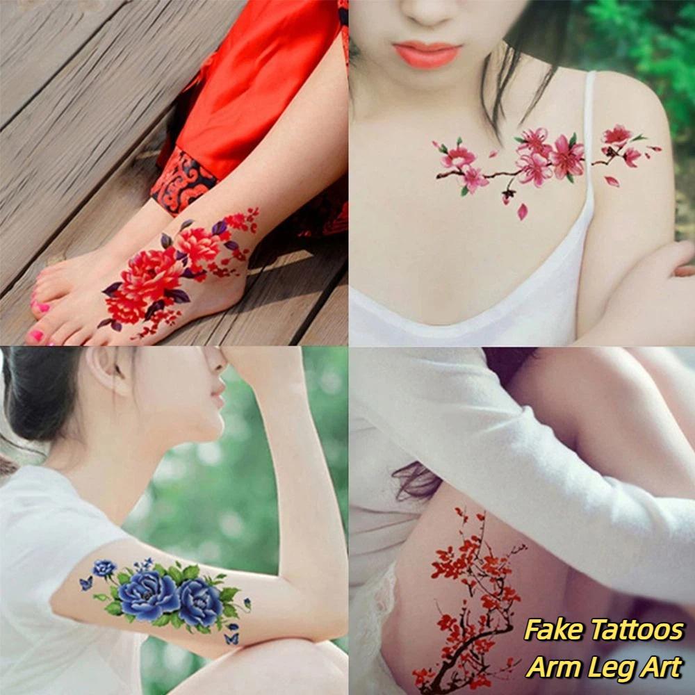 Rose Butterfly Flower Temporary Tattoo Stickers Lotus Green Leaf Waterproof Butterfly Tattoo Stickers Personalized Long Lasting