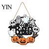 Fall Front Porch Signs Halloween Wooden Wreath Door Hanger Sign, Pumpkin Ghost Black Cat Witch Ornaments Bat Patterns, Hanging Plaque for Farmhouse