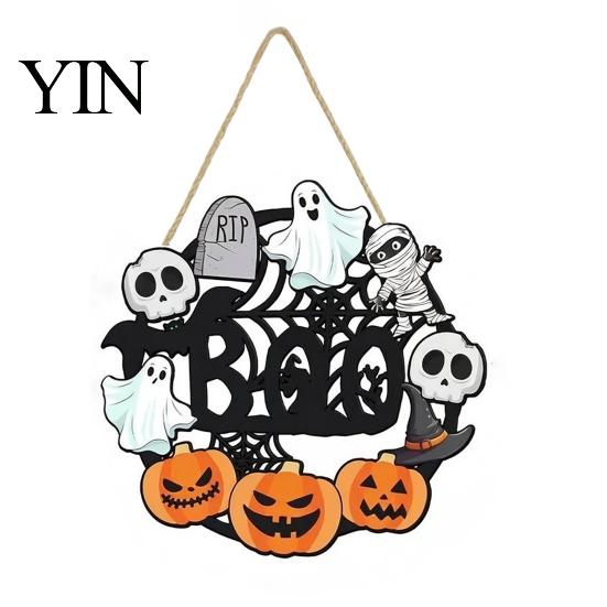 Fall Front Porch Signs Halloween Wooden Wreath Door Hanger Sign, Pumpkin Ghost Black Cat Witch Ornaments Bat Patterns, Hanging Plaque for Farmhouse