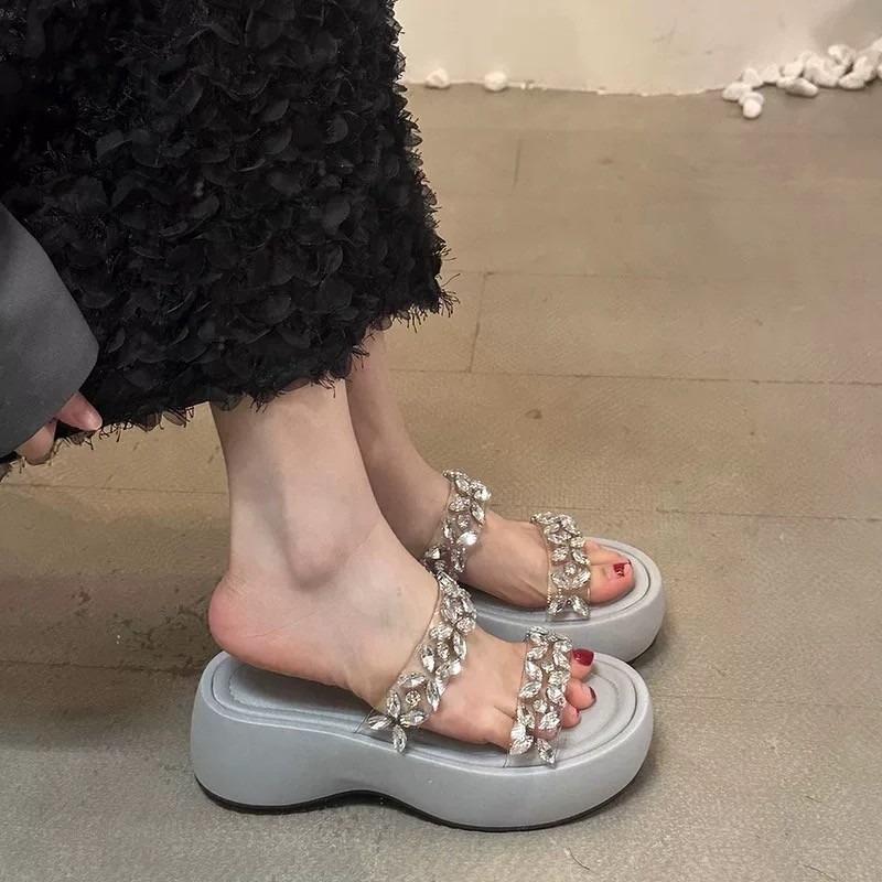 Fashion Rhinestone Transparent Belt One-word Cool Drag, Wear Outside Summer New Round-toe Platform Platform Heightened Small Sandals