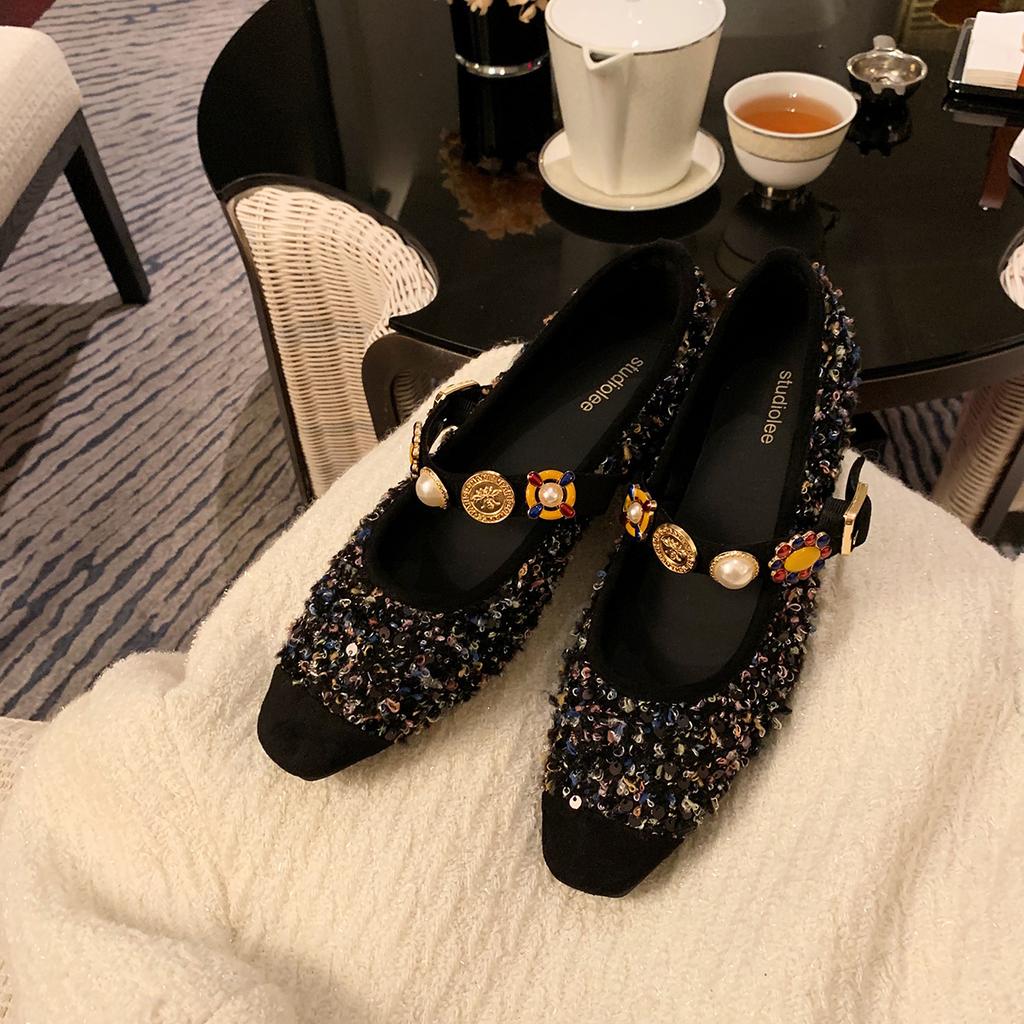 Sheepskin Grape Mother Same French Square Head Tweed Small Fragrant High Heels Badge Mary Jane Shoes Women's Shallow Mouth Single Shoes