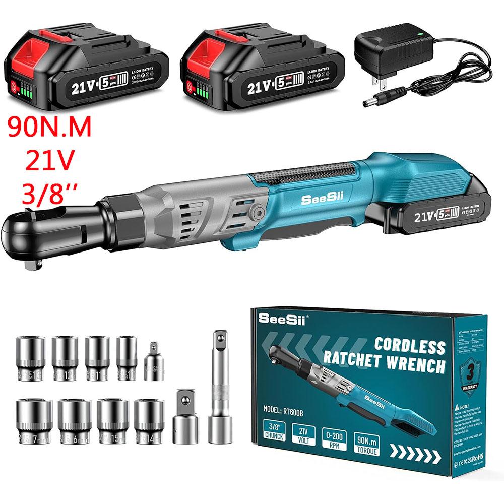 Seesii 6.3'' Extended Electric Ratchet Wrench 3/8" Cordless Electric Wrench 80Nm 21V  Rechargeable Angle Wrench Car Repair Tools