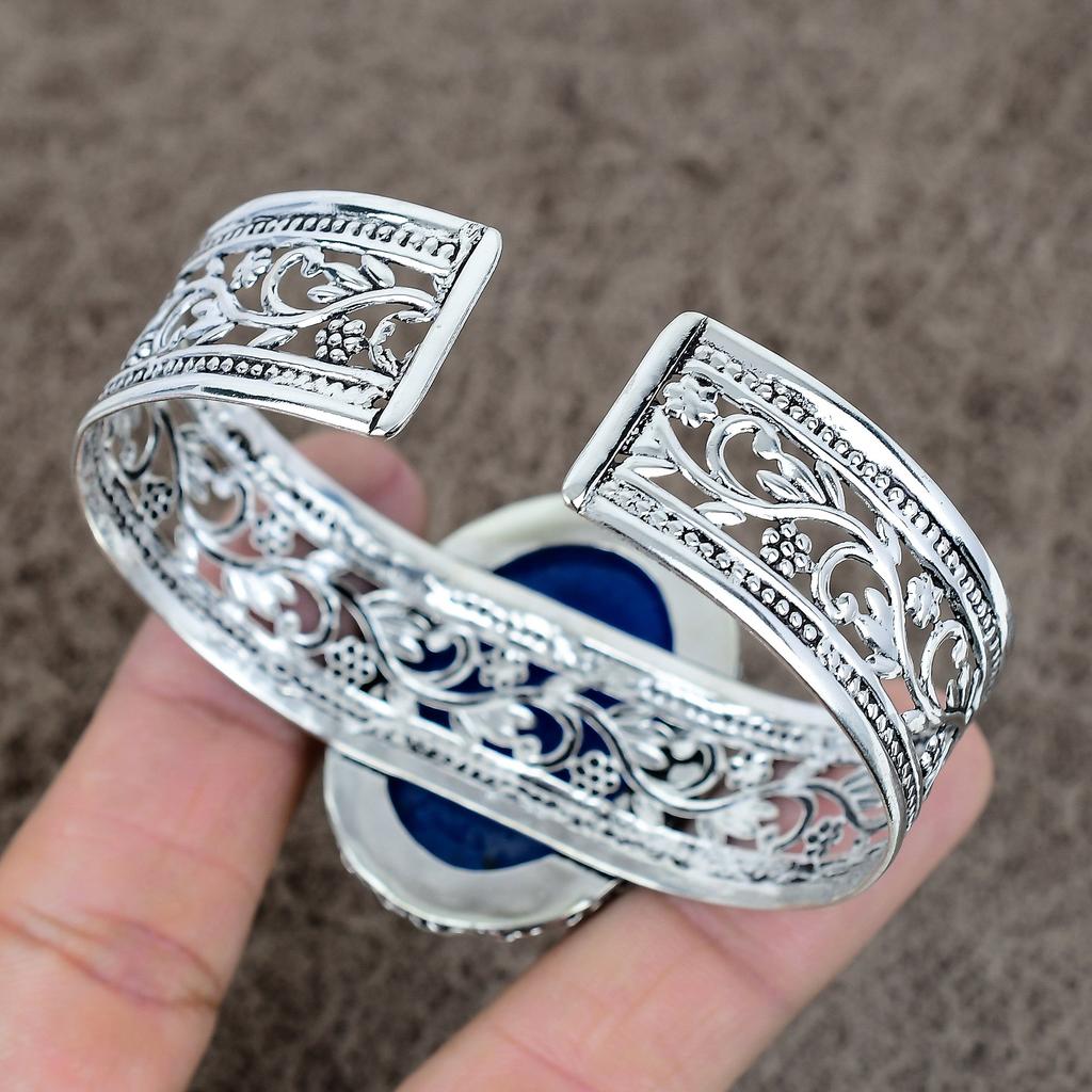 Burmise Sapphire Gemstone 925 Sterling Silver Cuff Bangle Adjustable KKG-220