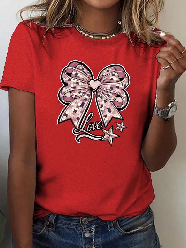Womens Soft TShirt with Stylish Pink Bow LOVE Design Comfort Fit Short Sleeve Round Neck Casual for Women Tshirt Clothing