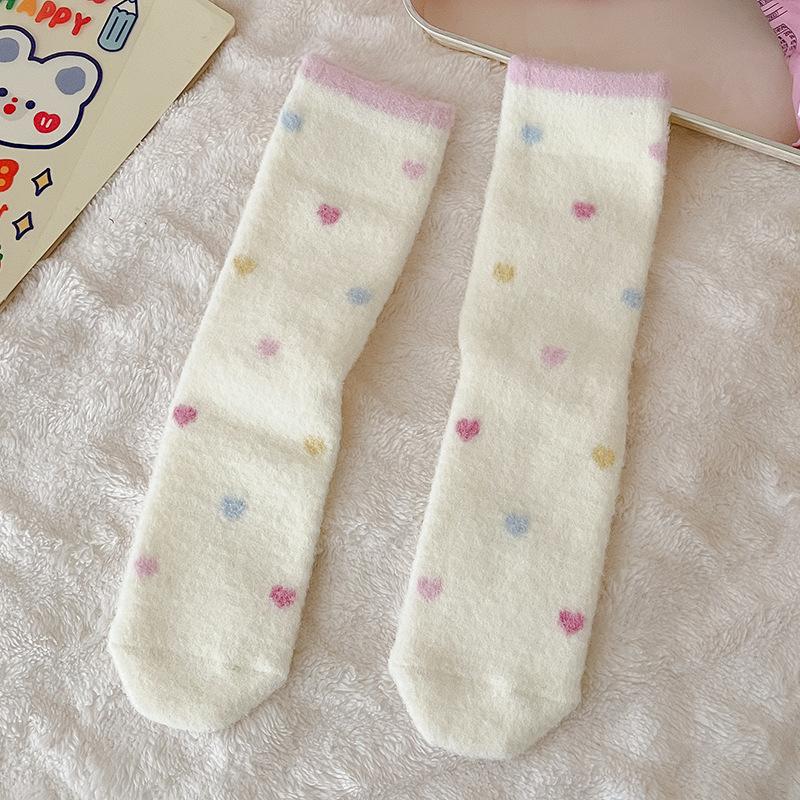 Pink Australian Velvet Socks Medium Tube Socks Season Warm, Piled And Thickened Cute Expression Cartoon Plush Sleep Socks