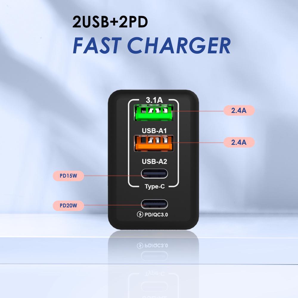 2A+2C Multi-Port Charger: European/American/UK Specs, QC3.0 & PD36W Fast Charging for Mobile Phones