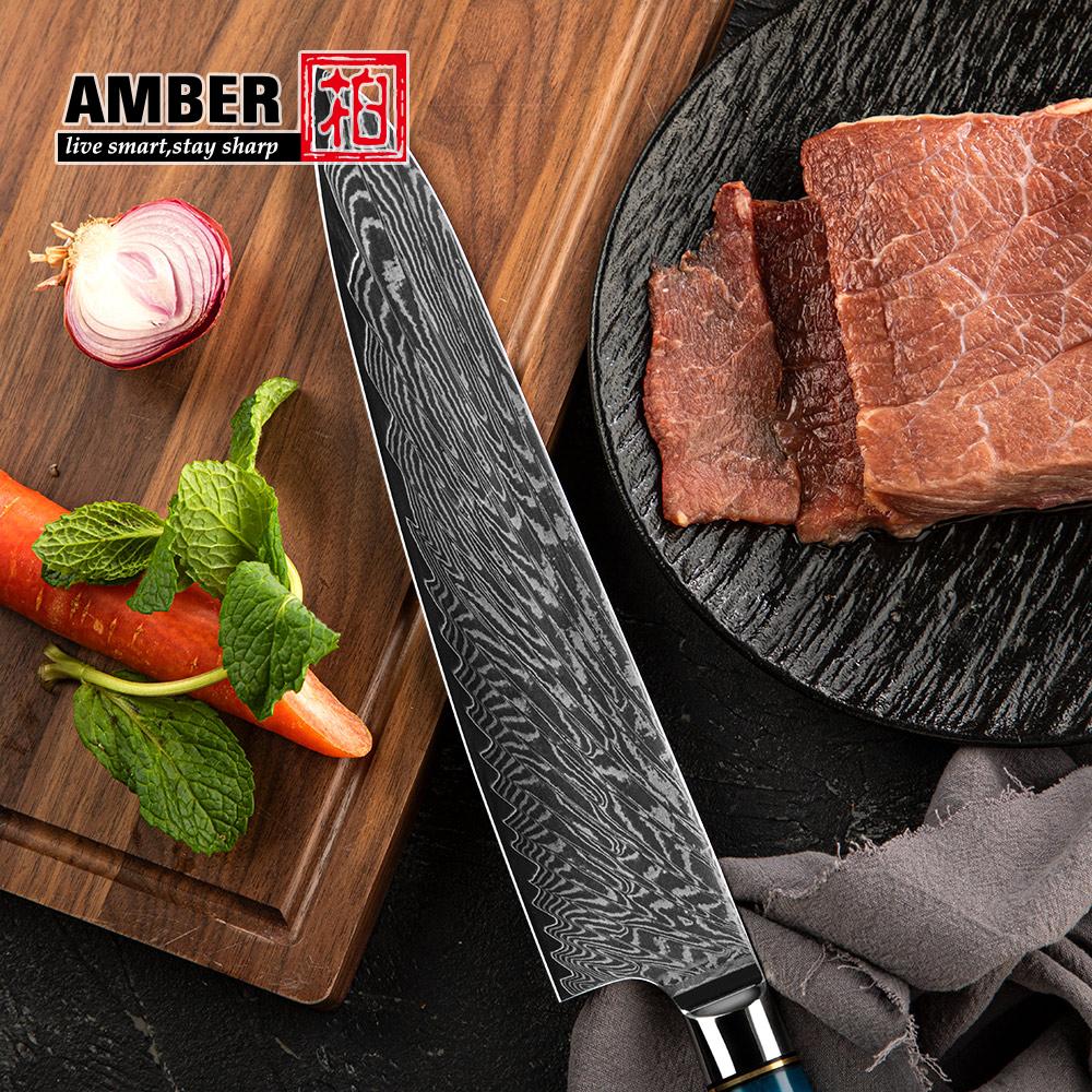 Amber Hot Selling 67-Layer Damascus Steel Kitchen Chef Knife Set Super Sharp Blade 10Cr15CoMoV Core with Resin & Wood Handle