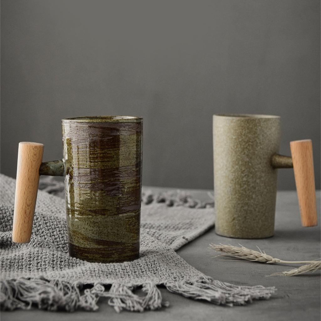 Japanese Handmade Coffee Cup Vintage Tea Cup with Wood Handle Mug Personality Couple Household Water Cup Stoneware Gift