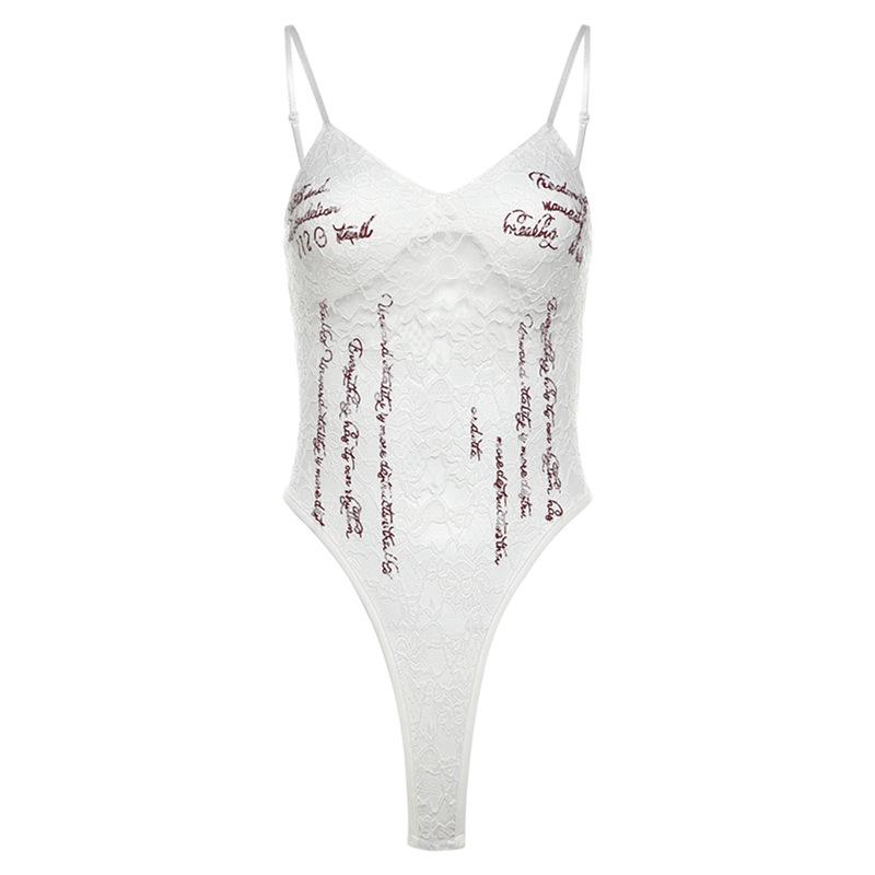 2024 Autumn Women's Urban Chic Solid Lace Bodysuit with Text Accents