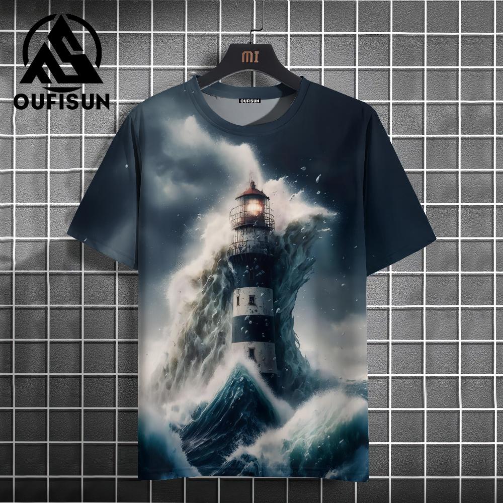 Dark Lighthouse T-shirt For Unisex Casual Short Sleeved Tops Summer Unisex's Clothing 3d Printed Black Cool Oversized Pattern T-shirt