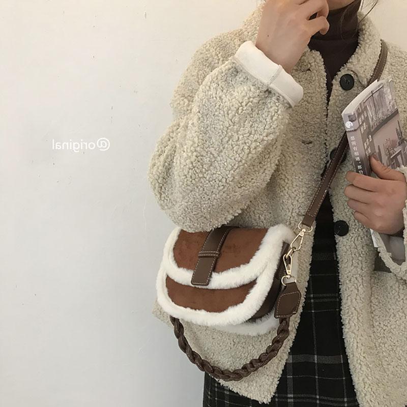 Retro Suede Faux Fur Crossbody Bag Women's Korean Winter New Lamb Hair Mini Square Bag Fashion All-in-one Commuter Shoulder Bag