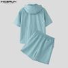 INCERUN Two Piece Sets Men Short Sleeve Striped Hooded Shirts Shorts Outfits