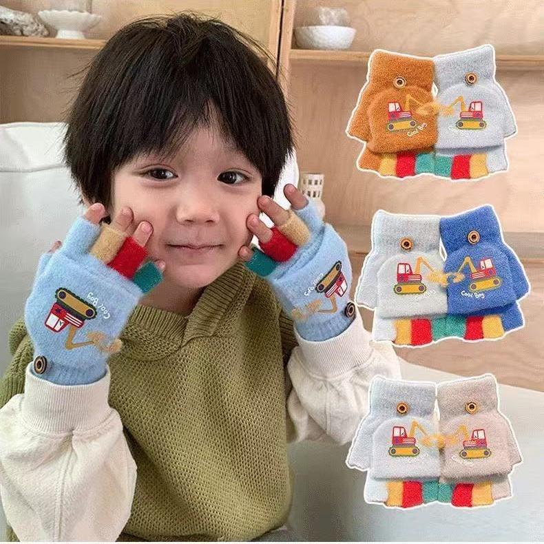Boys Cartoon Digging Half-finger Gloves Children's Cold-proof and Warm Flip-top Finger Gloves Little Boy's Velvet Primary School Student Gloves